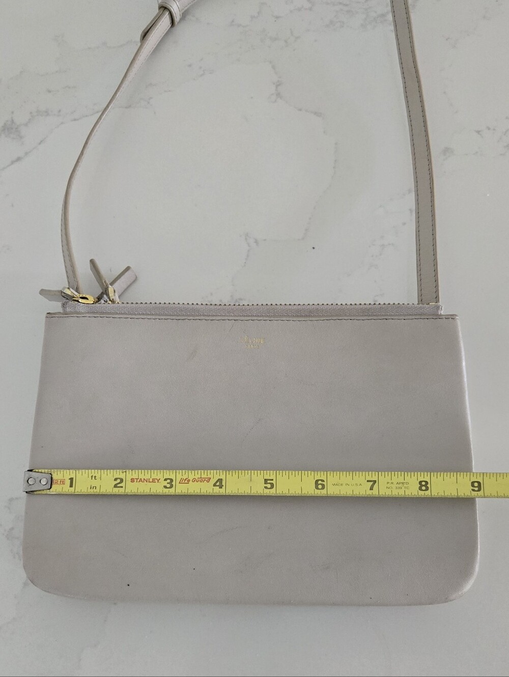 Celine Trio Beige Leather Crossbody Shoulder Bag Khaki Tan Gold Hardware - Picture 11 of 13